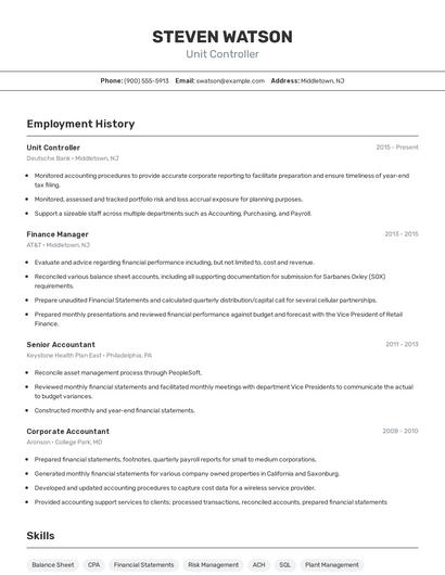 Unit Controller Resume