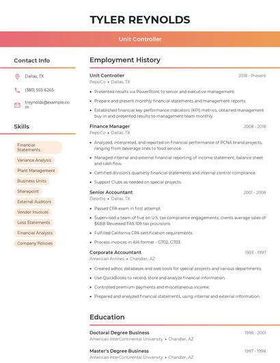 Unit Controller Resume