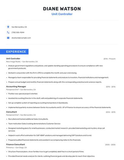 Unit Controller Resume