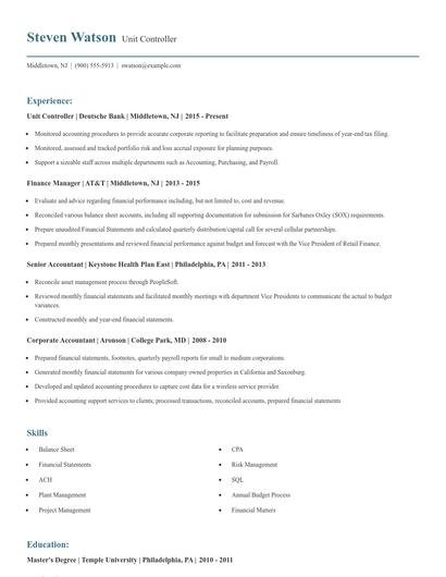 Unit Controller Resume