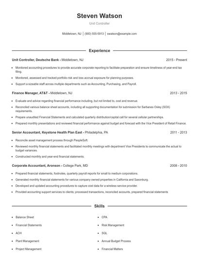 Unit Controller Resume
