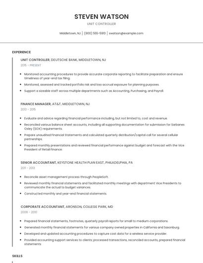 Unit Controller Resume