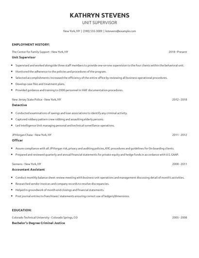 Unit Supervisor Resume