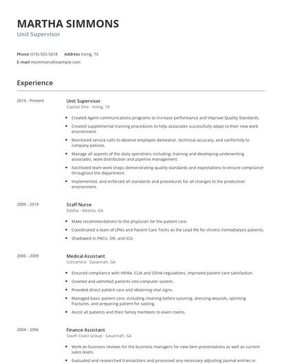 Unit Supervisor Resume