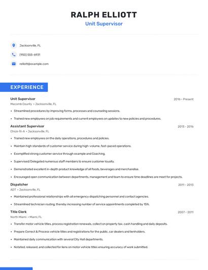 Unit Supervisor Resume