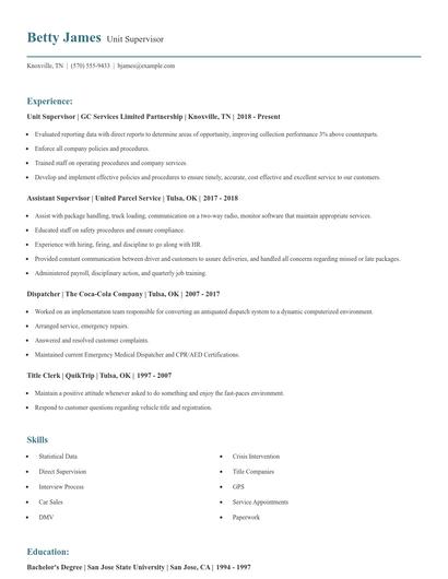 Unit Supervisor Resume