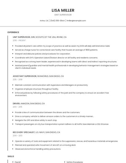 Unit Supervisor Resume