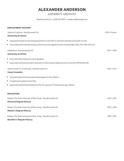 University Archivist Resume