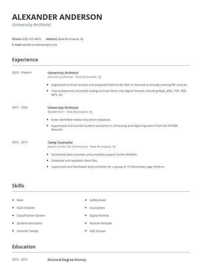 University Archivist Resume