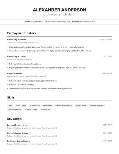 University Archivist Resume