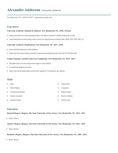 University Archivist Resume