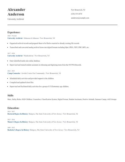 University Archivist Resume