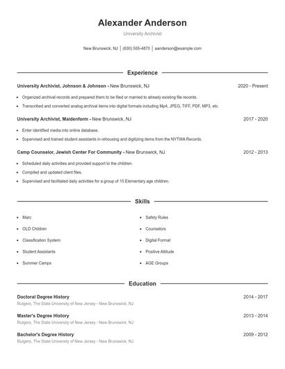 University Archivist Resume