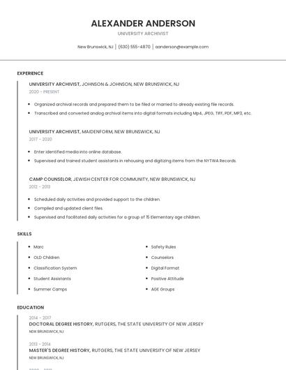 University Archivist Resume