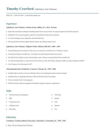 Upholstery Auto Trimmer Resume