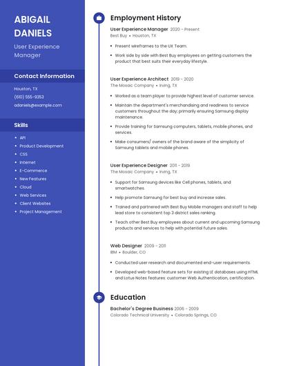User Experience Manager Resume