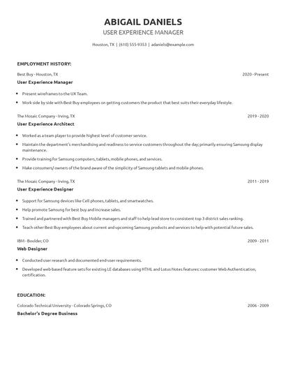 User Experience Manager Resume
