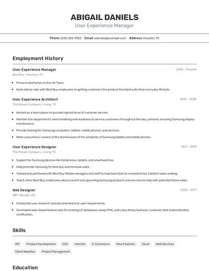 User Experience Manager Resume