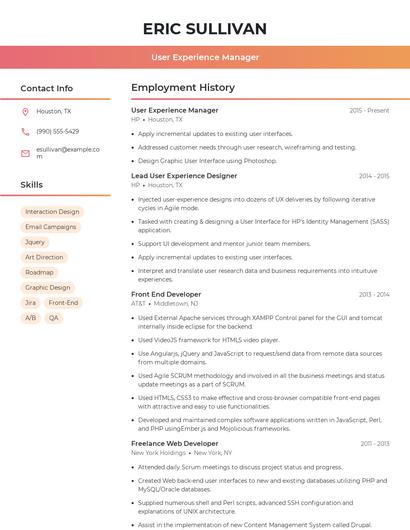 User Experience Manager Resume
