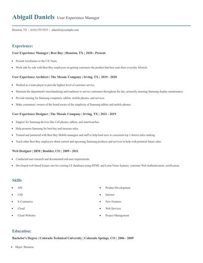 User Experience Manager Resume