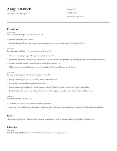 User Experience Manager Resume
