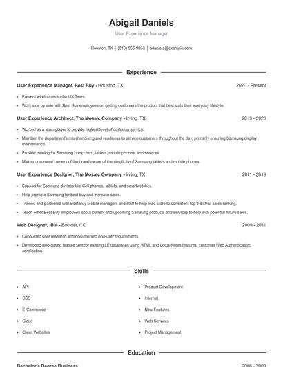 User Experience Manager Resume