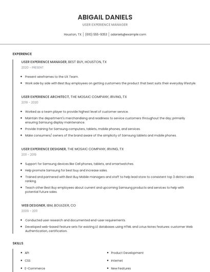User Experience Manager Resume