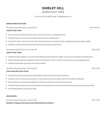 Usher/Ticket Taker Resume