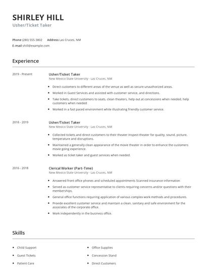Usher/Ticket Taker Resume