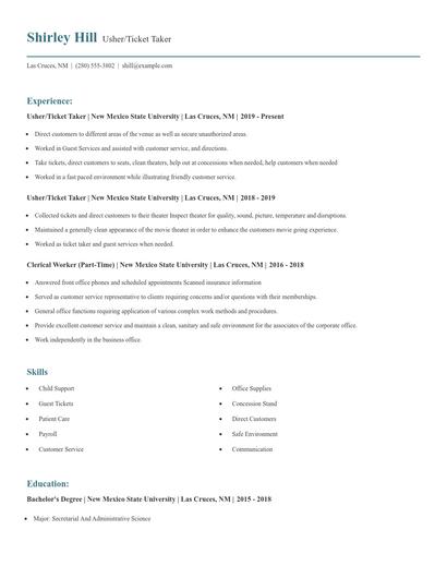 Usher/Ticket Taker Resume