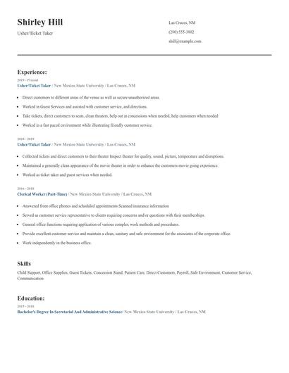 Usher/Ticket Taker Resume