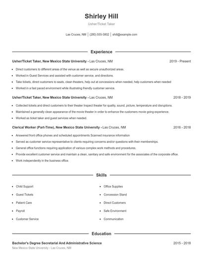 Usher/Ticket Taker Resume