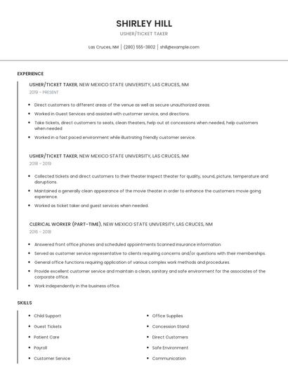 Usher/Ticket Taker Resume