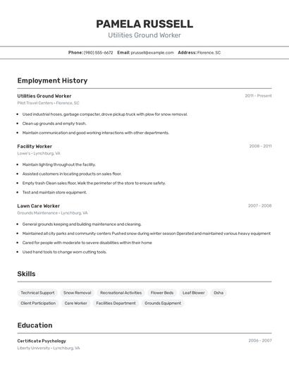 Utilities Ground Worker Resume
