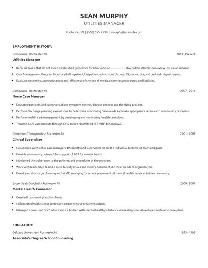 Utilities Manager Resume