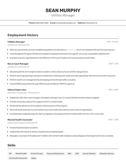 Utilities Manager Resume