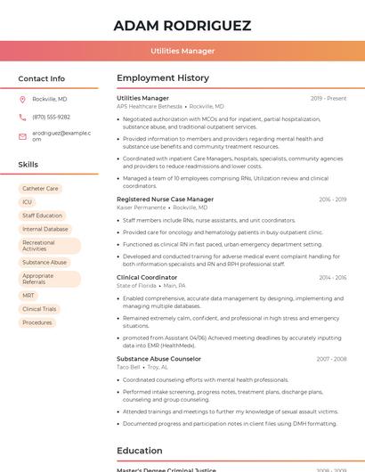 Utilities Manager Resume