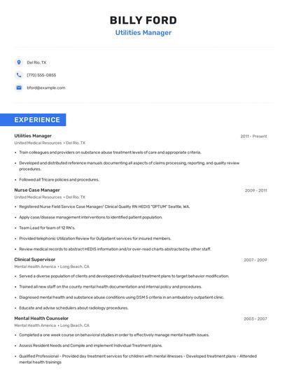 Utilities Manager Resume
