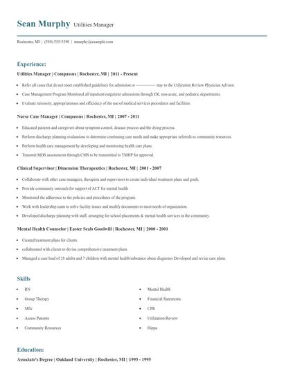 Utilities Manager Resume