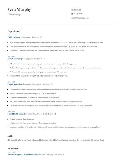 Utilities Manager Resume