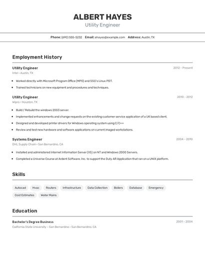 Utility Engineer Resume