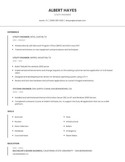 Utility Engineer Resume