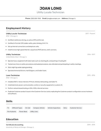 Utility Locate Technician Resume