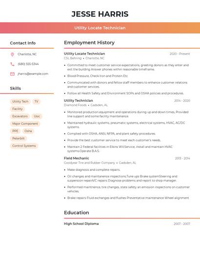 Utility Locate Technician Resume