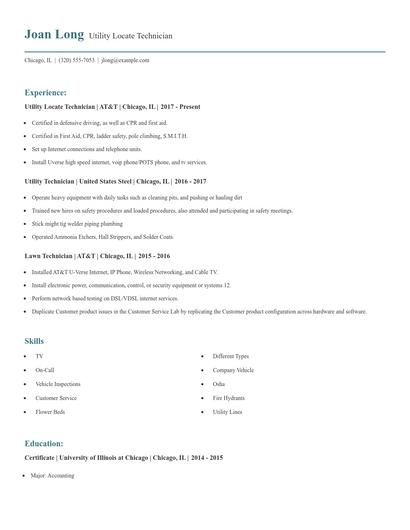 Utility Locate Technician Resume