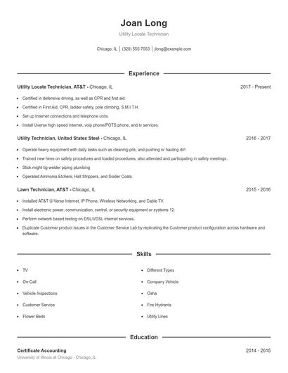 Utility Locate Technician Resume