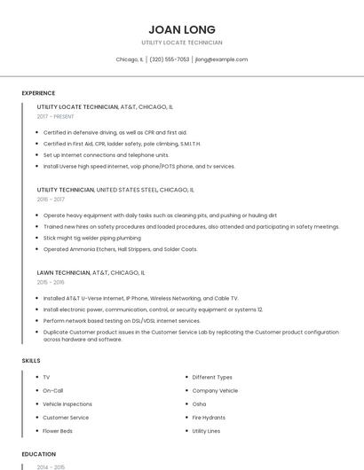 Utility Locate Technician Resume