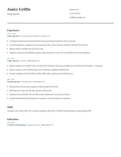 Utility Operator Resume