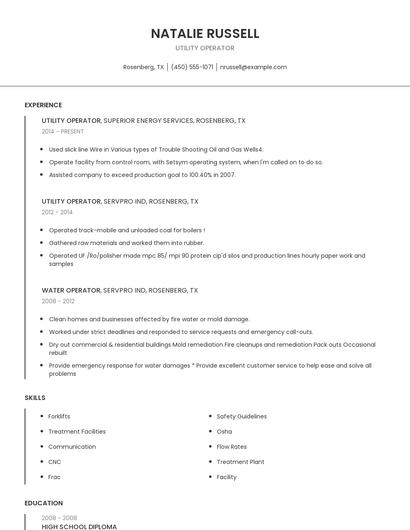 Utility Operator Resume