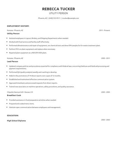 Utility Person Resume